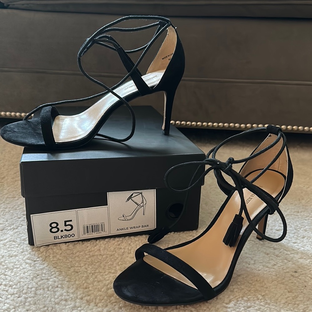 Black suede ankle wrap heel